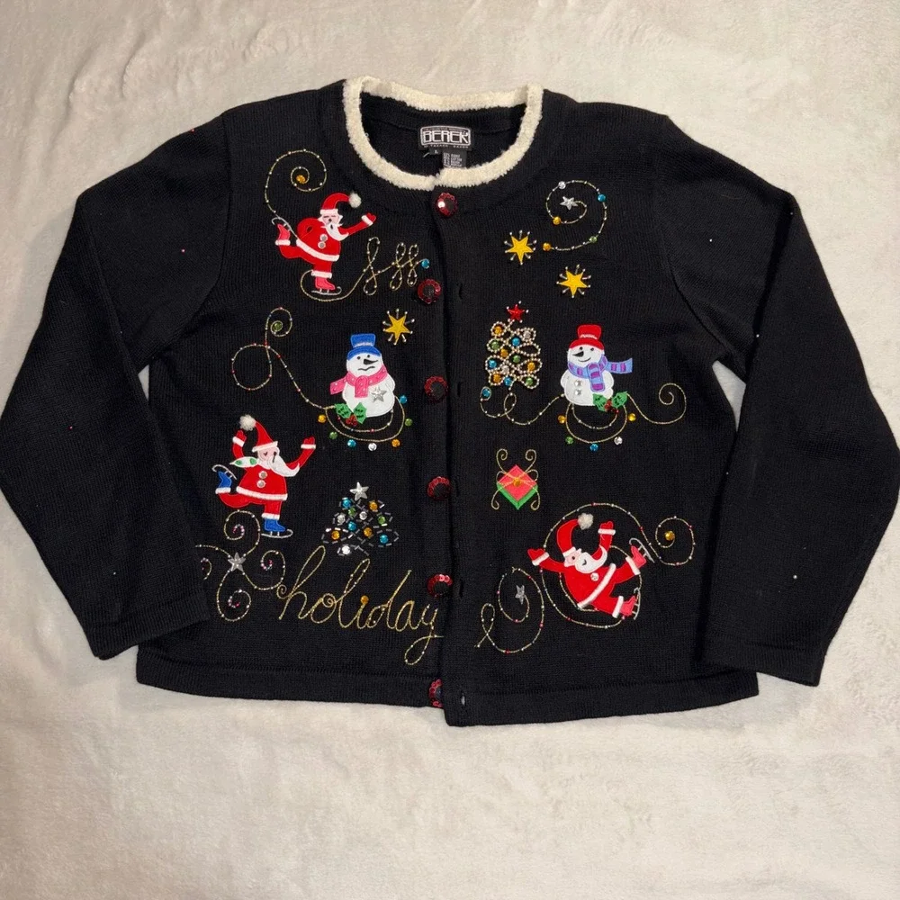 Vintage Berek Christmas Cardigan Sweater Womens Large Black Sequin Santa Holiday